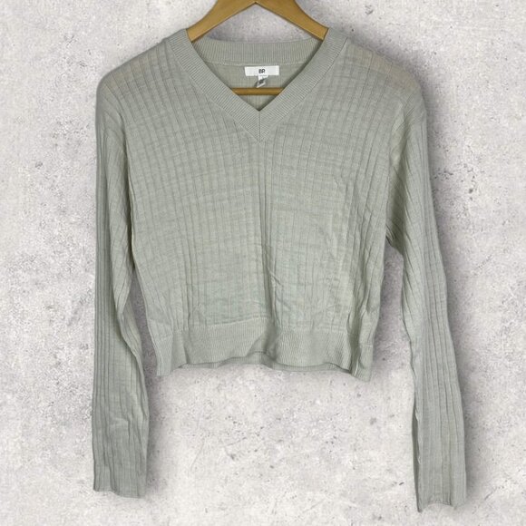 NEW Nordstorm BP Ribbed Crop Sweater Grey Size Large V-Neck Knit Made in USA L - Picture 11 of 11